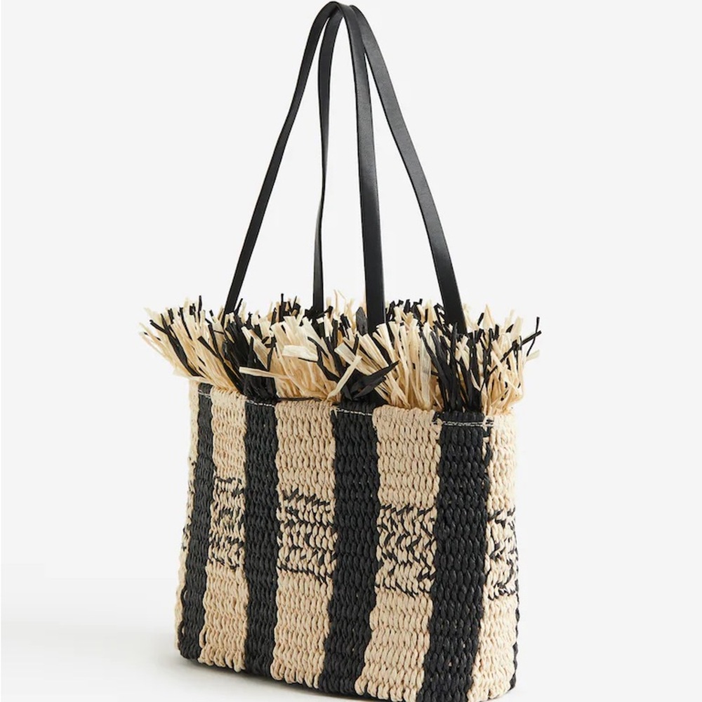 NWT Striped Black and Tan Woven Tote Bag